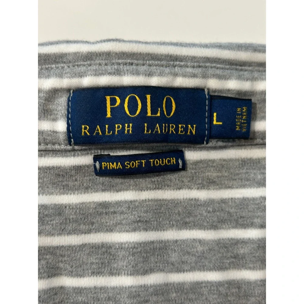 Polo Ralph Lauren Men Grey White Striped Pima Soft Touch Cotton Polo Shirt Large